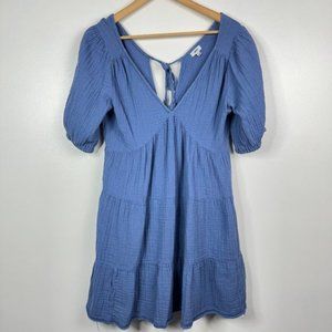 Aerie  Seersucker Distressed Blue Ruffle Puff Sleeve Dress  Size Medium